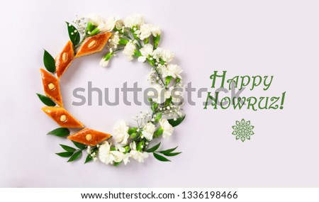 Novruz wreath made of traditional Azerbaijan pastry pakhlava, beautiful white for spring equinox celebration on light lilac background, flat lay top view copy space for text for nowruz
