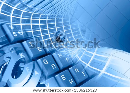 Computer background - mail signs, globes and keyboard.