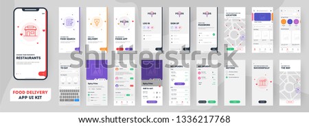 Food delivery mobile app ui kit including sign up, food menu, booking and home service type review screens. Royalty-Free Stock Photo #1336217768