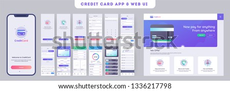 Online Payment or Credit cards app ui kit for responsive mobile app with website menu like as, credit cards uploading, saving, checking accounts and transaction confirmation. Royalty-Free Stock Photo #1336217798