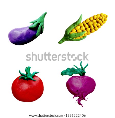 Colorful plasticine handmade 3D fruit  and vehetables   icons set isolated on white background