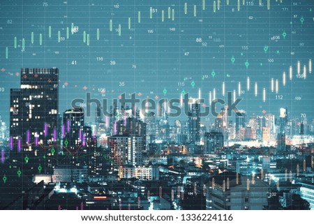 Night New York city backdrop with forex chart. Invest and trade concept. Double exposure 