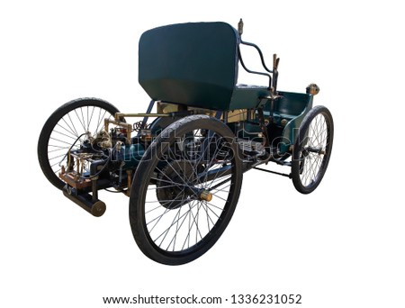 Hand made replica 1896 quad bicycle wheels Vintage car isolated on white Royalty-Free Stock Photo #1336231052