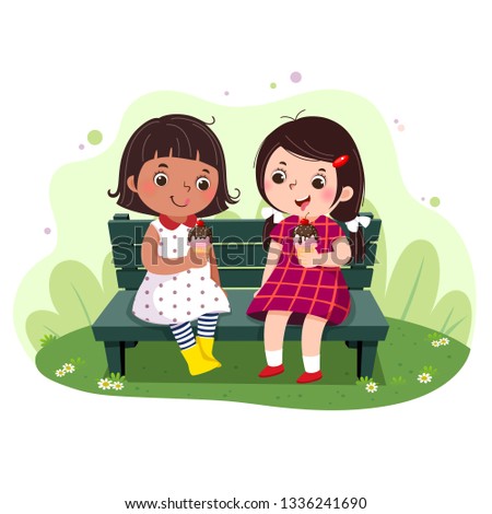 Vector illustration of  two little girls eating ice cream on the bench.