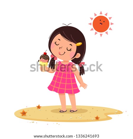 Vector illustration of cute little girl feeling happy with her ice cream.