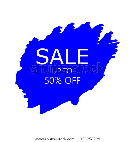 Sale 50% off sign over art blue brush acrylic stroke paint abstract texture background vector illustration. Acrylic paint brush stroke. Grunge ink brush stroke. Sale layout design for shop and banner.