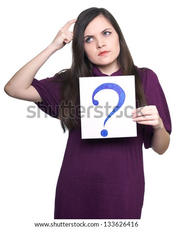 Attractive young woman in a dress. Woman holds a poster with a big question mark. Looks right. On a white background