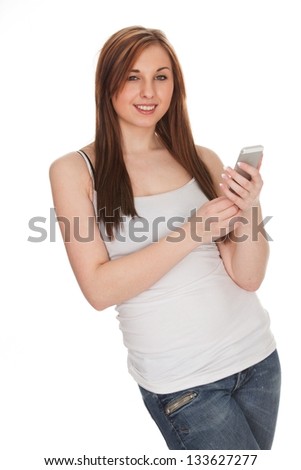 woman with mobile phone, over white background
