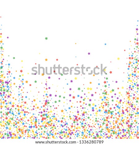 Festive confetti. Celebration stars. Rainbow bright stars on white background. Captivating festive overlay template. Uncommon vector illustration.