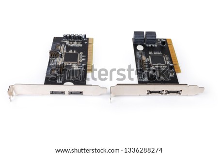 Two different used disk array controller internal cards for S-ATA hard disk drives and PCI bus on a white background
