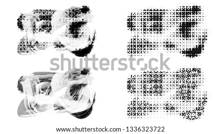 Set of brush stroke and halftone element on a white background.