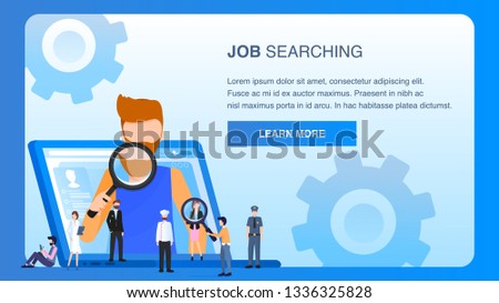 Various Occupation Character Man Hold Magnifier. Computer Job Searching. Human Resource Manager Analyze Applicant Profile. Employment Interview. Flat Cartoon Vector Illustration