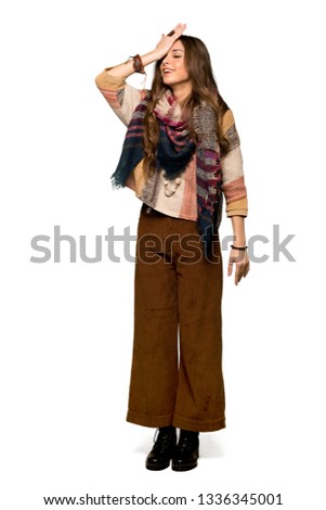 Full-length shot of Young hippie woman has just realized something and has intending the solution on isolated white background