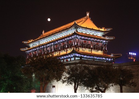 Traditional Chinese building Temple with moon