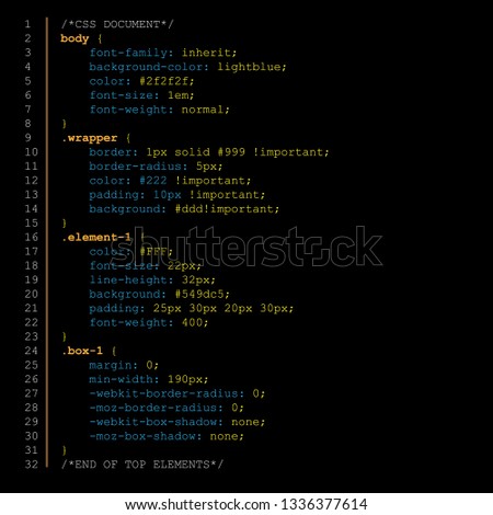 Simple website CSS code with colourful tags in editor page with dark background. CSS code example Vector illustration. Royalty-Free Stock Photo #1336377614