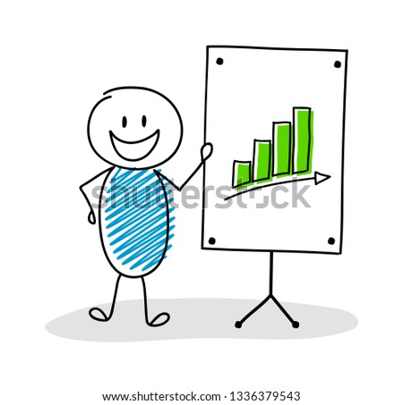 Funny hand drawn stickman with whiteboard and business graph icon. Vector