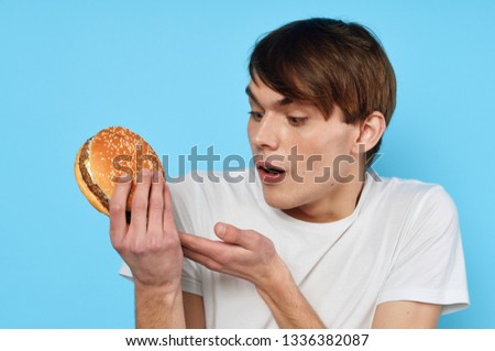 Hamburger man emotion blue background                            