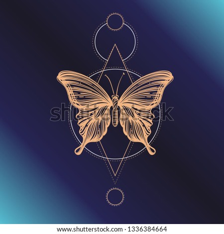 Butterfly with sacred geometry symbols. Outline vector illustration on dark blue background for tattoos, posters, engraving and much more.