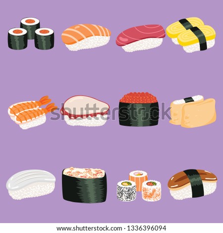 Collection set of different varied Japanese sushi snack food