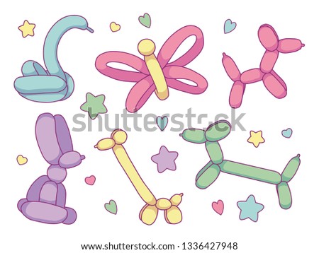 Vector collection set with different cute cartoon balloon animals including dogs, butterfly, swan, giraffe and bunny in soft pastel colors