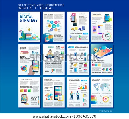 Big infographics in flat style. Vector illustrations about digital projects, management, clients brief, design and communication. Use in website, corporate report, presentation, advertising, marketing Royalty-Free Stock Photo #1336433390