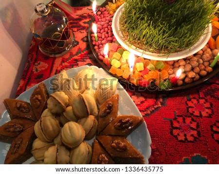 Traditional Novruz spring holiday table in Iran and Azerbaijan