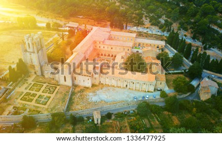 Aerial view of Castle of Abbey Sainte-Marie d'Orbieu, part of history of Lagrasse, France