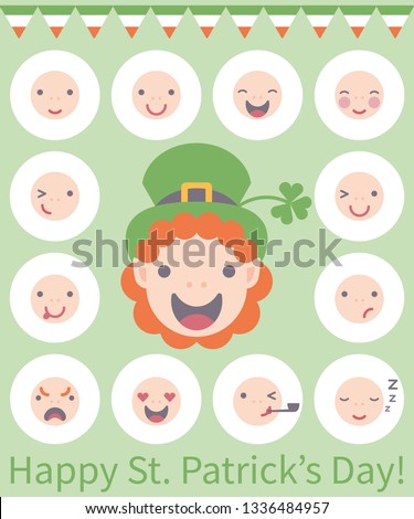 Vector illustration: 13 flat design icons on white stickers for Saint Patrick's Day decoration; character leprechaun head with green hat, shamrock, different emotions and smoking pipe isolated on ligh