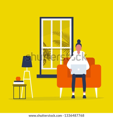 Young female character sitting with a laptop in a living room. Modern office interior. Millennials at work. Flat editable vector illustration, clip art