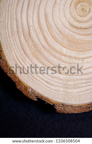 Wood cross-section with annual rings on black background. Lumber piece close-up.
