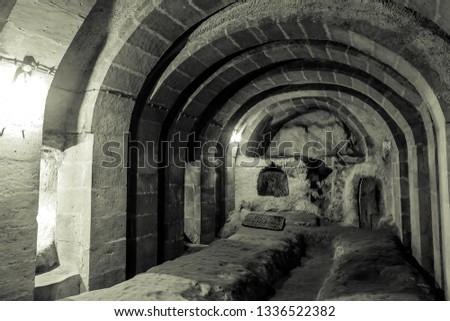 Black and White Derinkuyu cave underground city in Cappadocia ,Turkey.