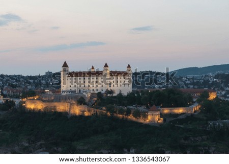 Beautiful panorama castle of  downtown.View of town during the sunset.Cityscape at twilight.Traveling concept background.The landscape of the old city.