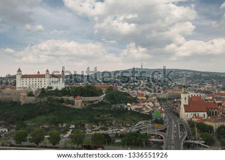 Panorama of Bratislava downtown.View of day town.Traveling concept background.The landscape of the old historical city. Architecture, buildings, castle Slovakia.Europe