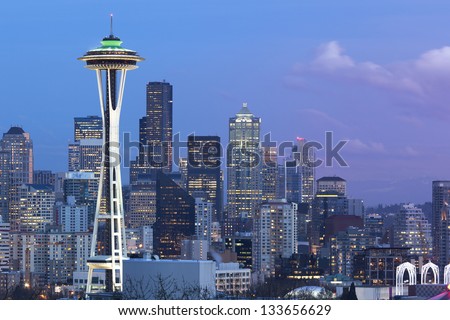 Seattle in the Evening with Space Needle Royalty-Free Stock Photo #133656629