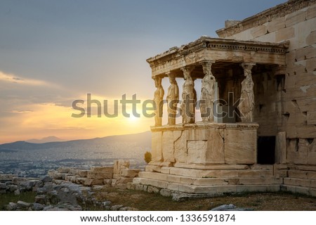 The Caryatids of the Erechtheion. A caryatid is a sculpted female figure serving as an architectural support taking the place of a column or a pillar supporting an entablature on her head. Royalty-Free Stock Photo #1336591874