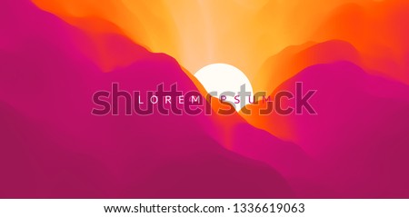 Sky with clouds and sun. Landscape with mountains. Sunset. Mountainous terrain. Abstract background. Vector illustration for advertising, marketing, presentation. Royalty-Free Stock Photo #1336619063