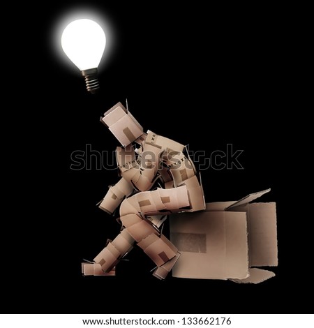 Light bulb moment concept with box character on black background