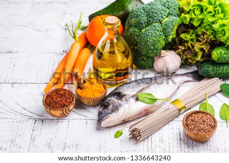 Dr. Pagano diet food assortment on white wooden background. Healthy food for psoriasis disease. Balanced meal eating concept. Copy space