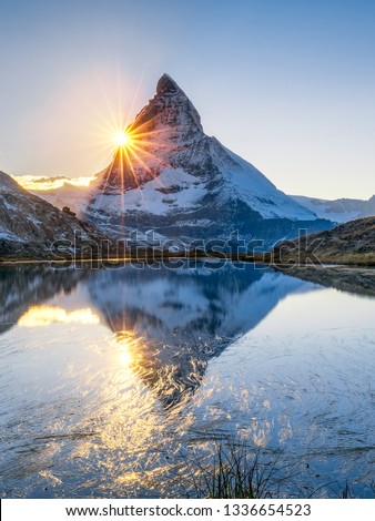 Riffelsee and Matterhorn mountain in Swiss, Canton of Valais, Switzerland Royalty-Free Stock Photo #1336654523