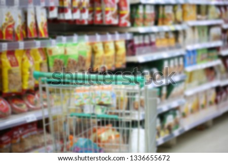 Blur abstract background of products on shelves with shopping cart.