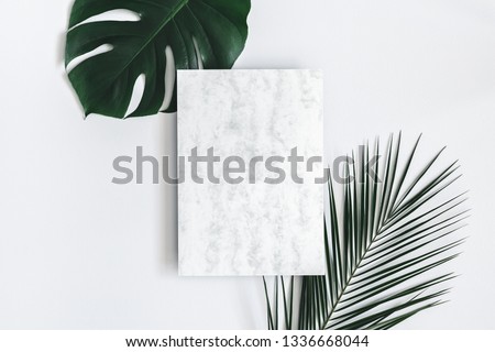 Summer composition. Tropical palm leaves, marble paper blank on pastel gray background. Summer concept. Flat lay, top view, copy space