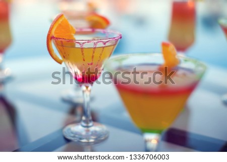 Close up shot of colorful cocktails. Food and drinks