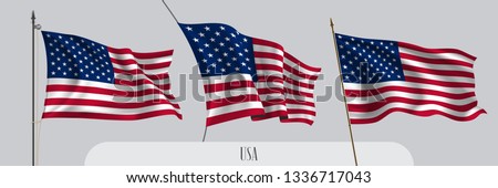 Set of USA waving flag on isolated background vector illustration. 3 red blue and stars American wavy realistic flag as a patriotic symbol 