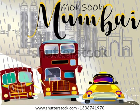 Mumbai traffic.A double-decker bus, city bus,taxi in Mumbai.Vector for design flyer,invitation, card, poster.