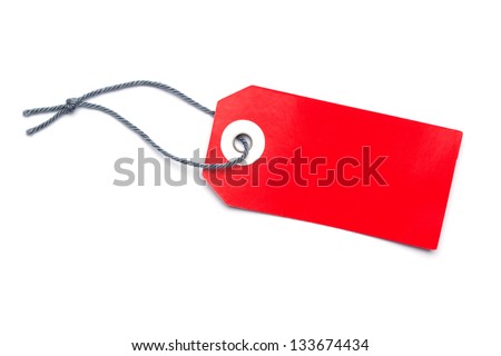 Empty red label or price tag with cord, isolated on white background