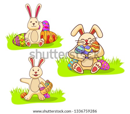 Bunny holding easter eggs.Festive holiday banner flat vector.The rabbit holds in hand a basket.