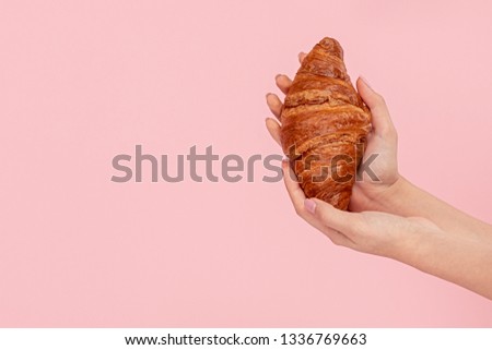 Crop female hands showing delicious and crunchy croissant bun on pink background 