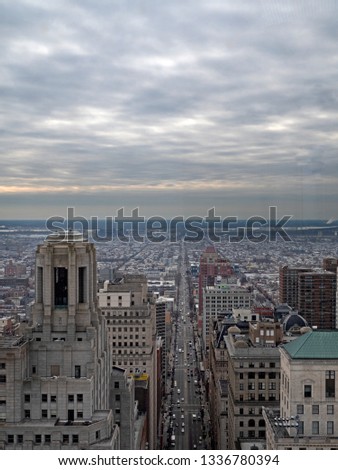 Top view of downtown skyline Philadelphia USA, winter time, cloudy day.