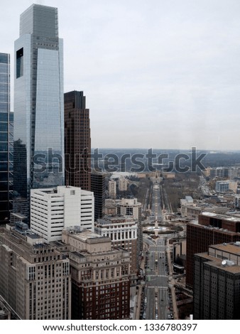 Top view of downtown skyline Philadelphia USA, winter day, cloudy sky.