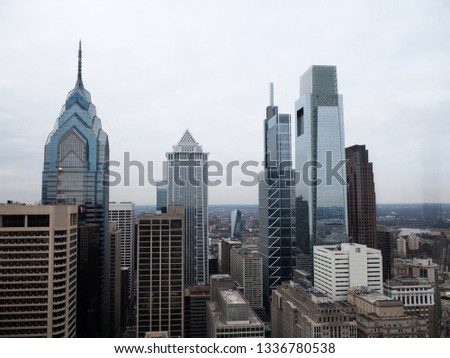 Top view of downtown skyline Philadelphia USA, winter time, cloudy day.